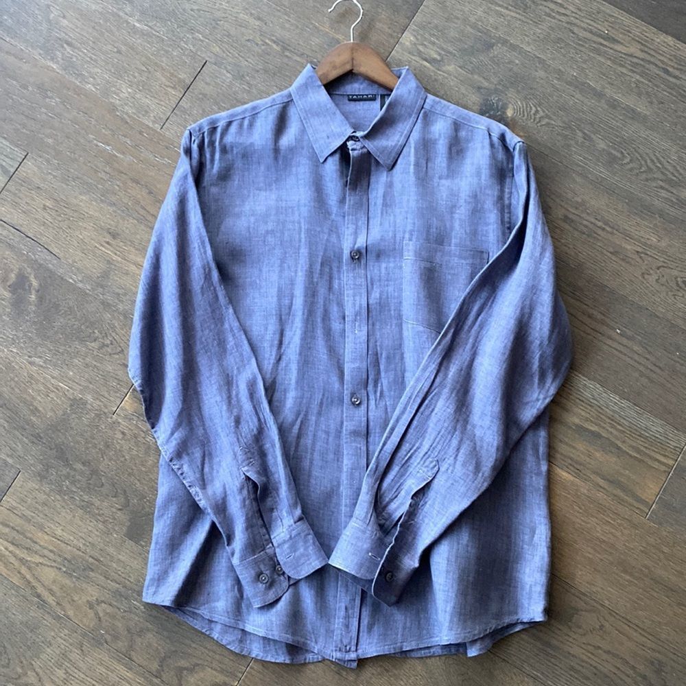 Tahari Blue Linen Button-Down Shirt